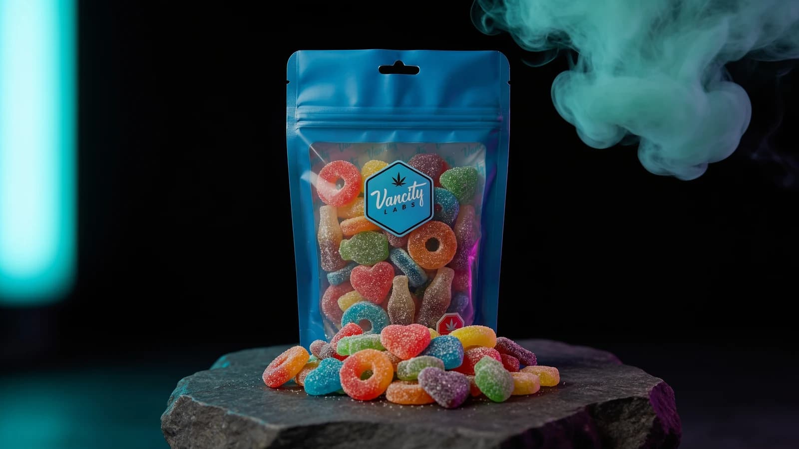 BC THC gummies — a bag of Dripped 30mg gummies on a dark stone plinth with sour-sanded pieces spilling out