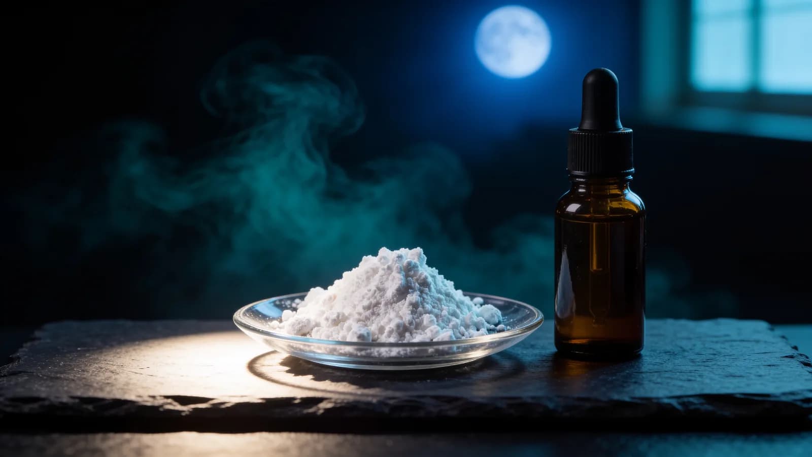 CBN vs CBD guide: CBN isolate powder in a shallow glass dish beside a dark amber dropper bottle on slate, with moonlight through a window