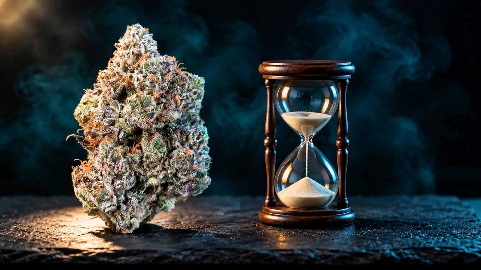 Does weed expire: a fresh, frosty cannabis bud beside an hourglass on dark slate