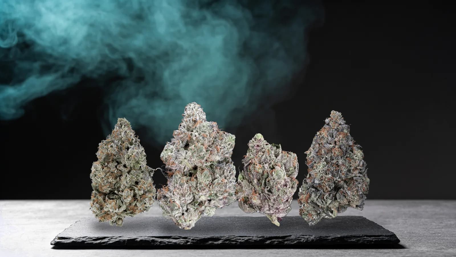 Gas strains from BC: Death Star, Pink Kush, Rockstar and Death Bubba buds on dark slate