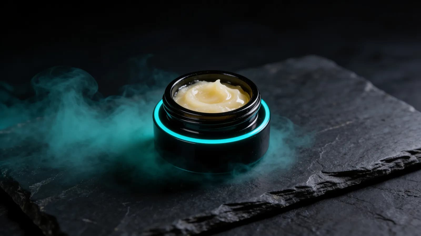 Live rosin badder jar in a dark studio scene — live resin vs live rosin vs distillate comparison