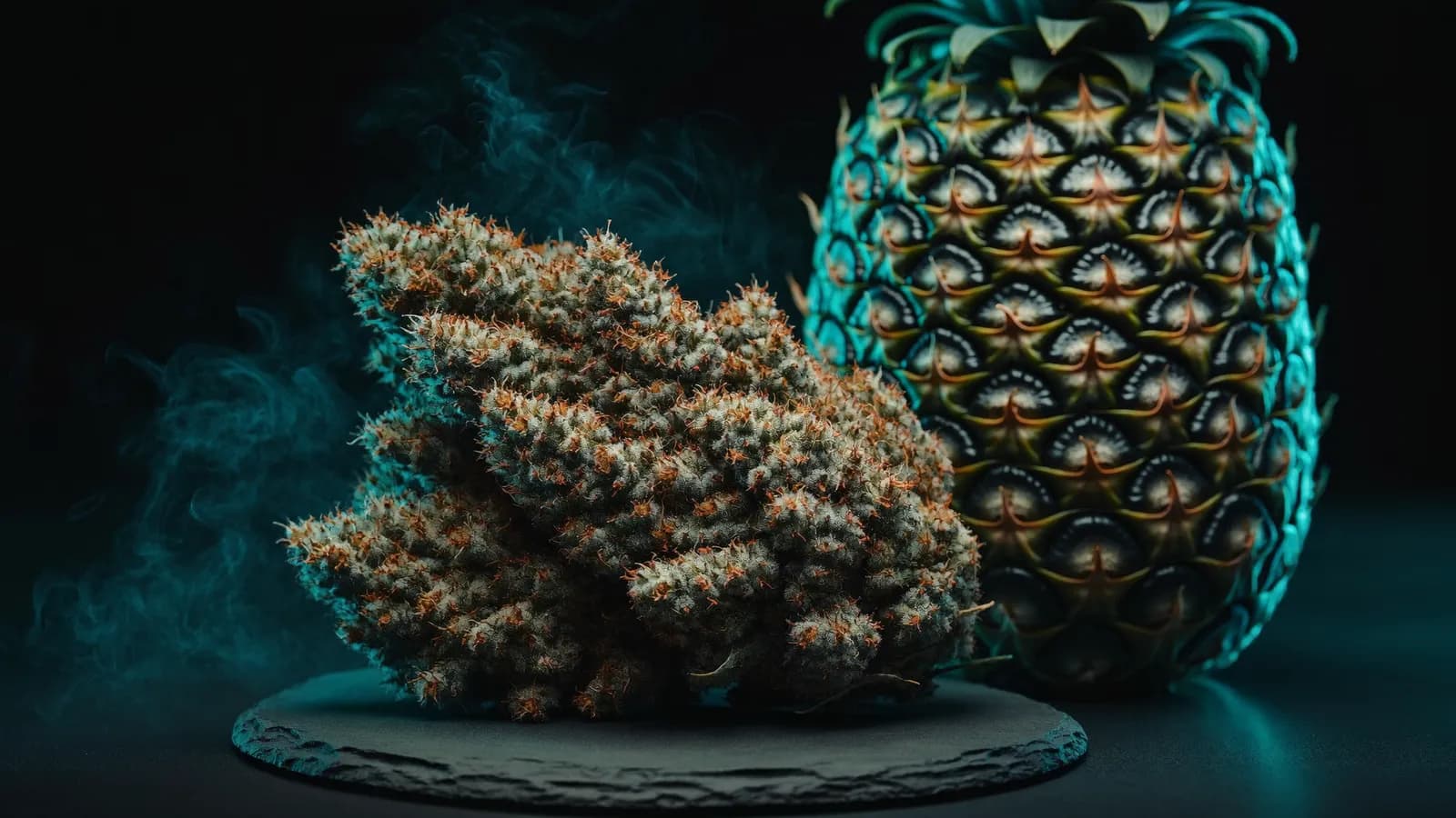 Pineapple Express strain cannabis bud beside a fresh pineapple under cyan studio lighting