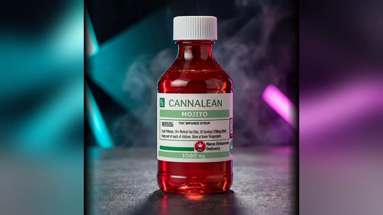 Nano CannaLean 1000mg THC syrup bottle — what THC syrup is, dark studio shot