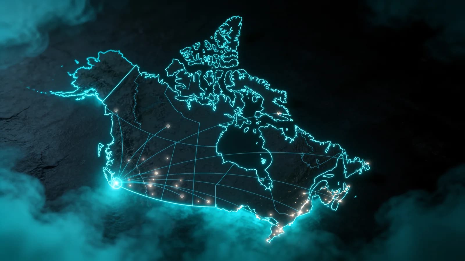 Map of Canada with glowing lines running from Vancouver to cities across the country