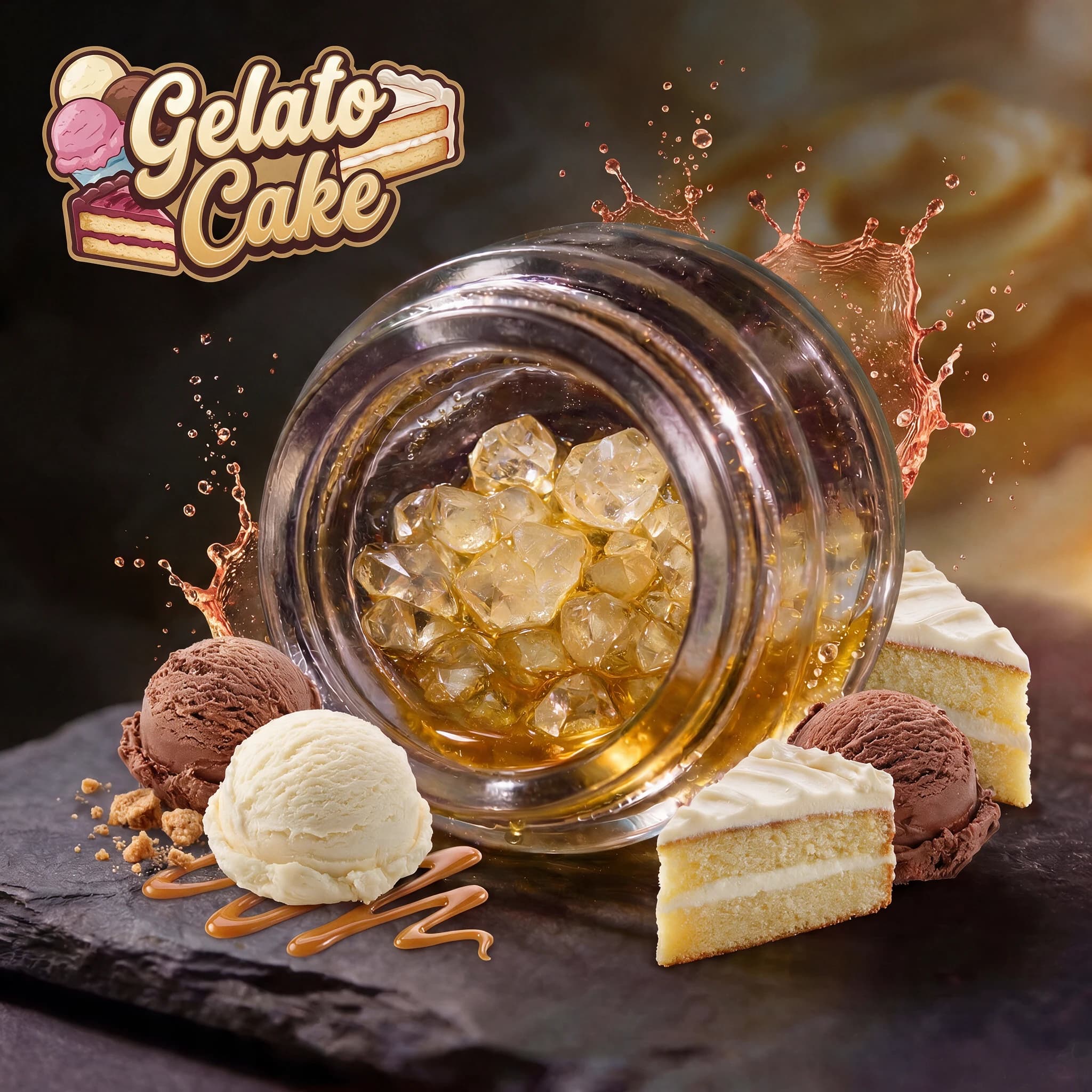 Gelato Cake Diamonds and Sauce in a glass jar, golden THCa crystals in terpene sauce