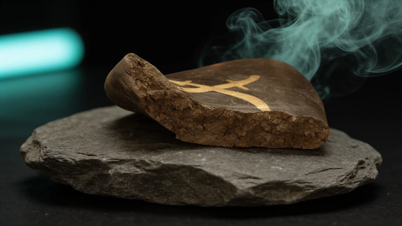 Best hash in Canada — Afghani Sword pressed hash slab on dark slate, broken edge showing the crumbly kief interior