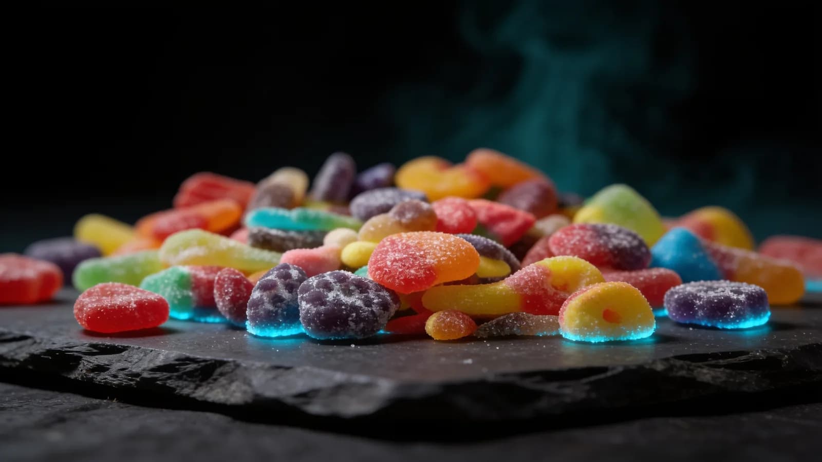 Sugared THC gummies scattered on dark slate — how long edibles take to kick in