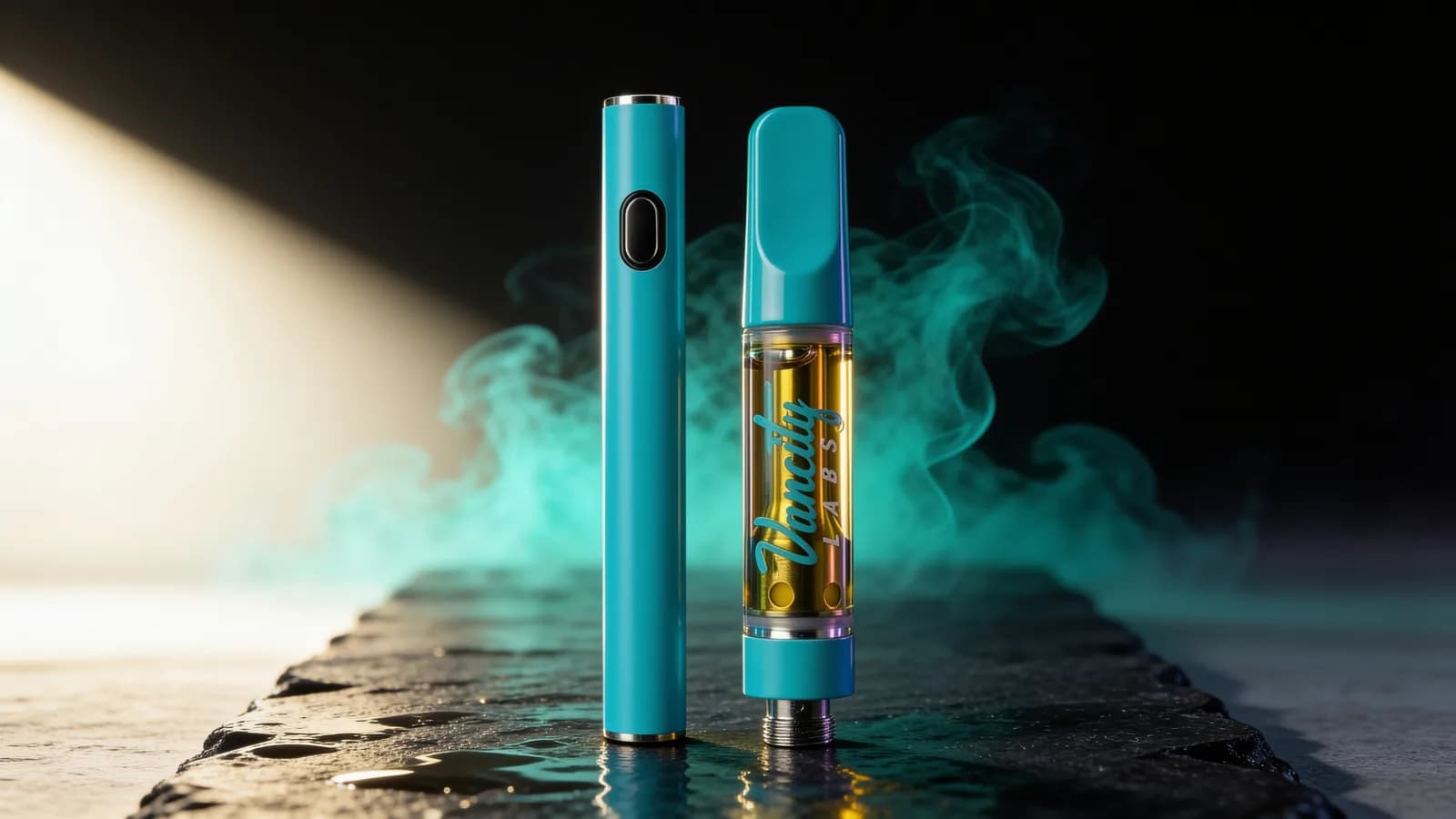 A 510 THC cart standing beside a slim 510 vape battery on dark slate