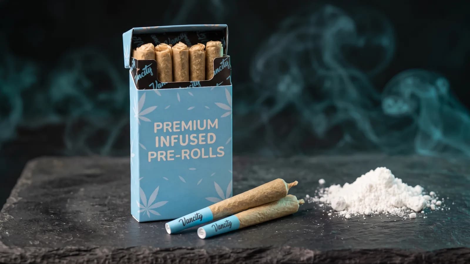 What are infused pre-rolls: our open pack, two cones and a mound of THCa isolate on dark slate