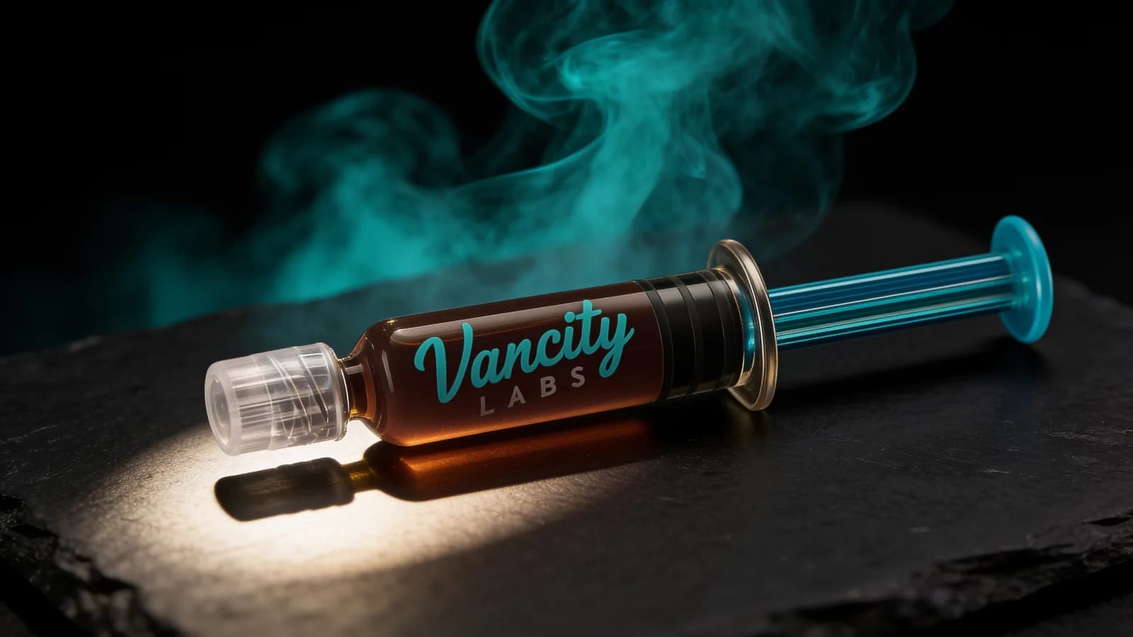 RSO oil in a VanCity Labs Phoenix Tears syringe on dark slate