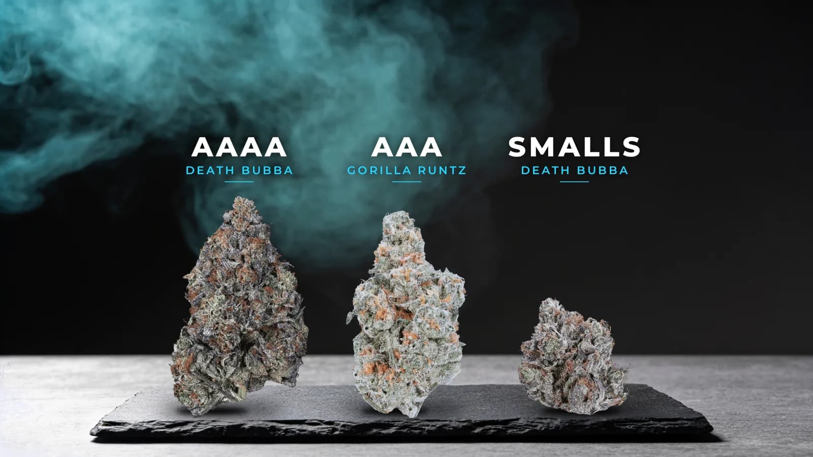 Weed grades side by side: a real AAAA Death Bubba bud, an AAA Gorilla Runtz bud and Death Bubba smalls on dark slate
