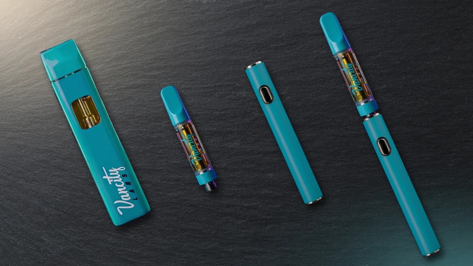 Weed pen types: a 2g disposable weed pen, a 510 THC cart, a vape battery and a 510 cart on a battery