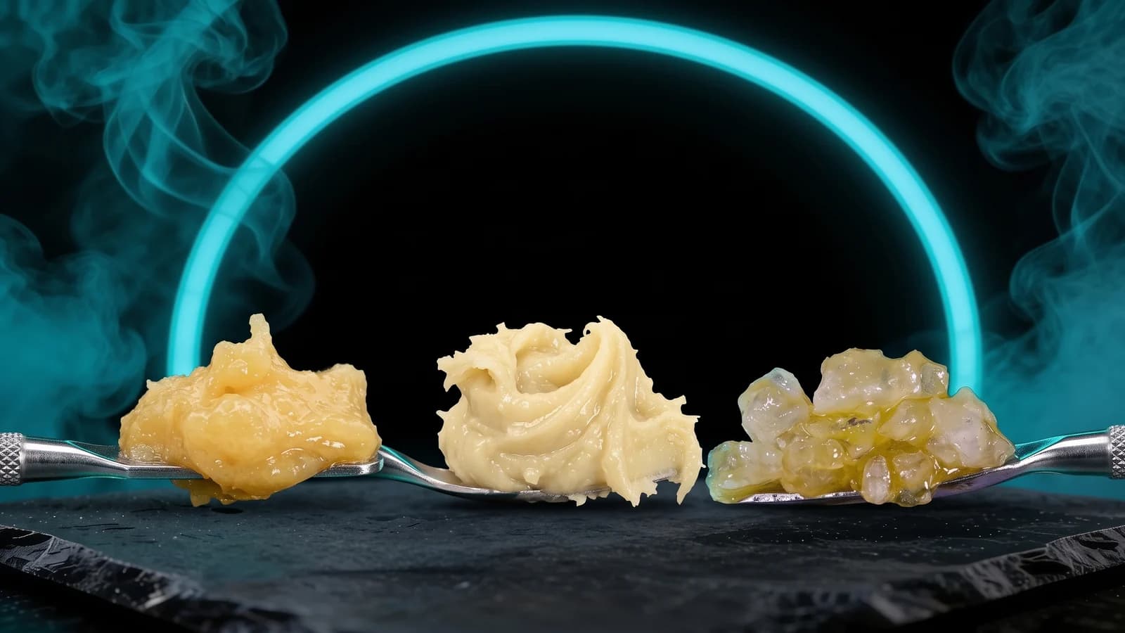 Three dabs on steel dab tools: live resin, rosin and THCa diamonds in sauce