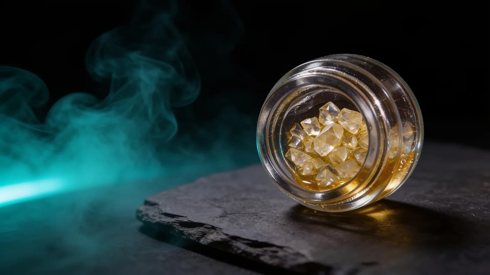Jar of THCa diamonds in golden terp sauce on dark slate — what are THCa diamonds