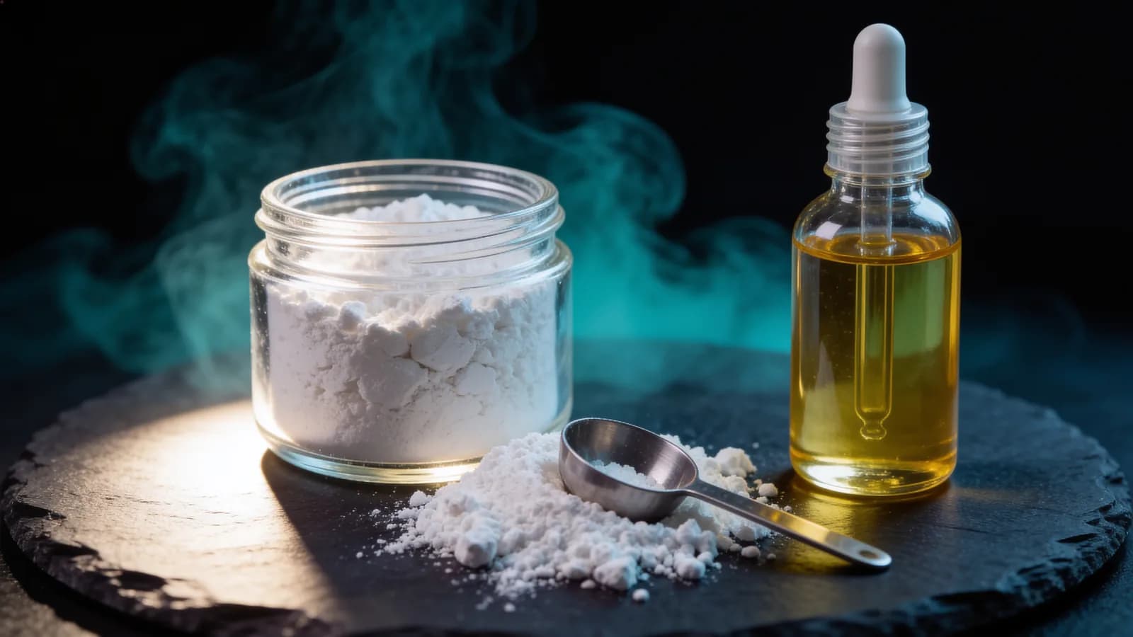 What is CBG: CBG isolate powder in an open glass jar with a measuring scoop and a dropper bottle of carrier oil on dark slate