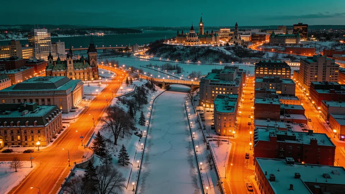 Aerial view of Ottawa at night in winter with the Rideau Canal and Parliament Hill