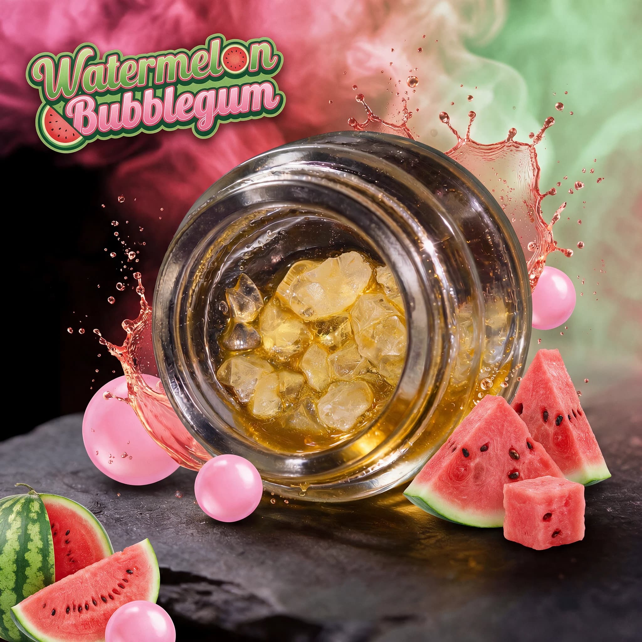 Watermelon Bubblegum Diamonds and Sauce in a glass jar, golden THCa crystals in terpene sauce