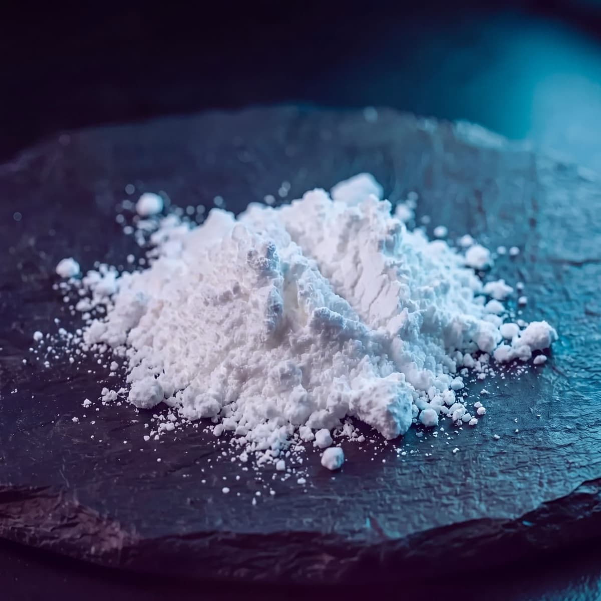 THCa Isolate Powder, a pile of fine white THCa powder on dark slate