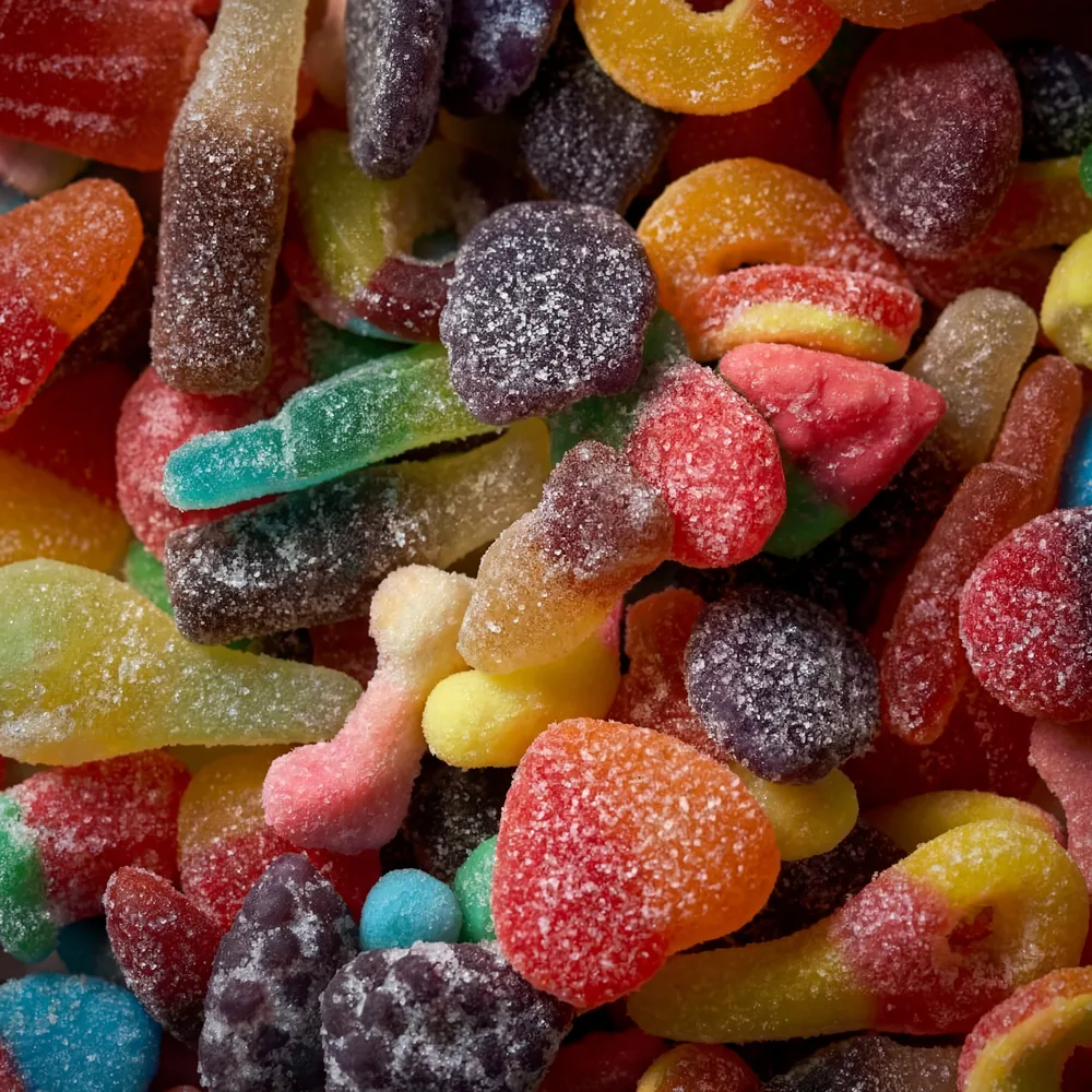 Close-up of Dripped 30mg THC gummies on dark slate — uniform pieces from a single infused batch