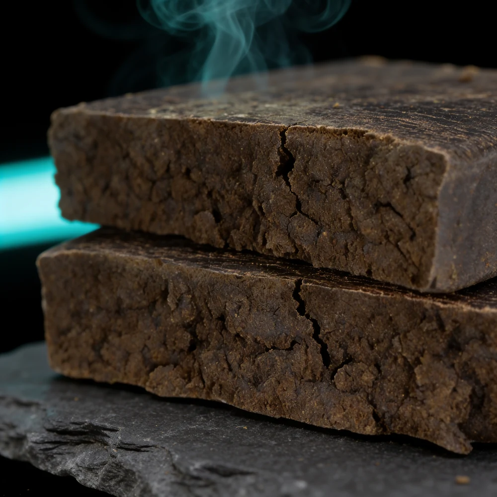 Pressed hash slab broken open — the crumbly kief interior that separates good hash from cheap hash