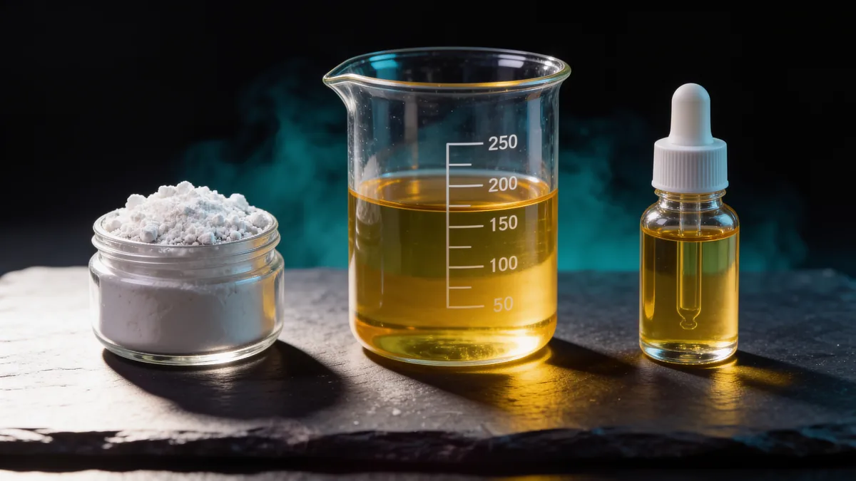 How to make CBG oil: a small jar of CBG isolate powder beside a 250 ml beaker of MCT oil and a dropper bottle on dark slate