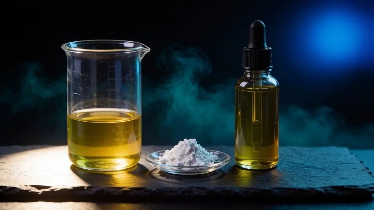 How to make CBN oil: a glass beaker of olive oil, a small dish of CBN isolate powder and a dropper bottle of finished oil on dark slate