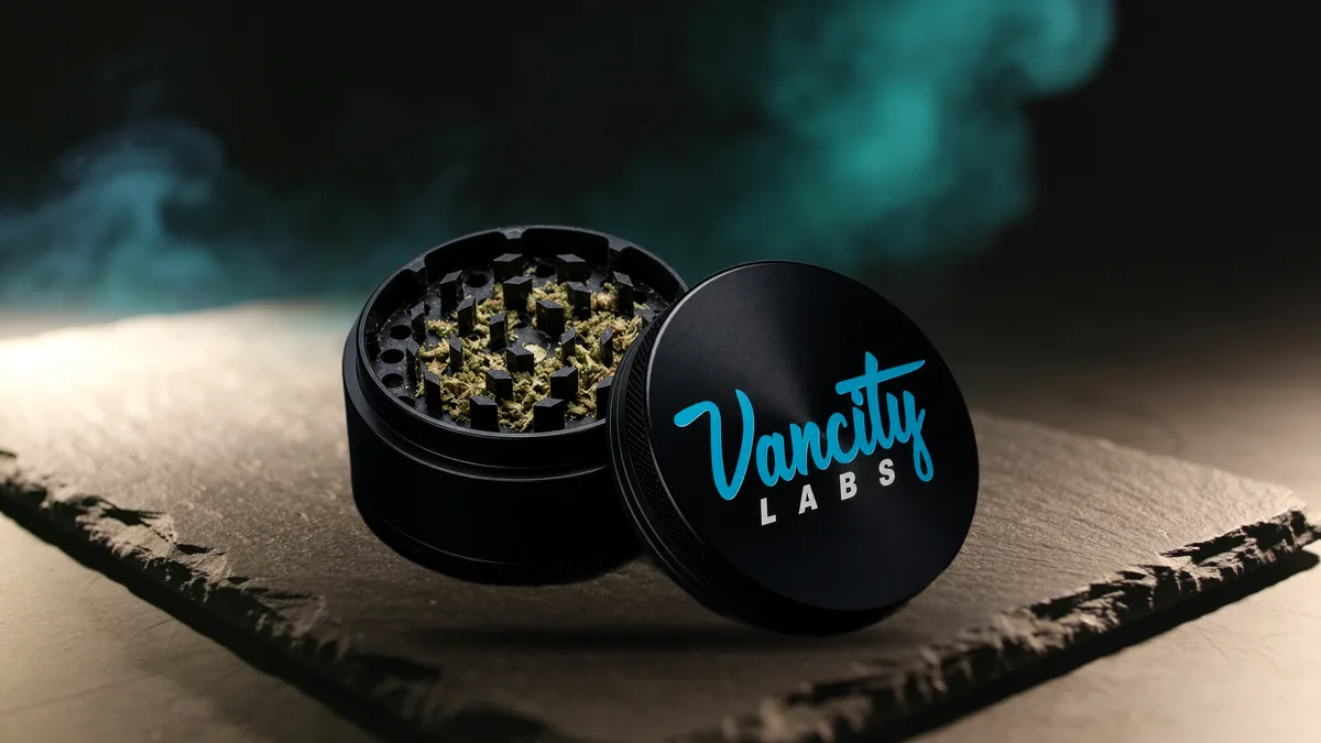 How to roll a joint: an open aluminum weed grinder full of ground bud on dark slate