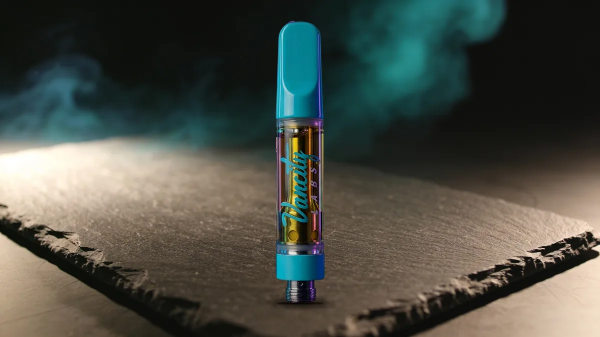 How to tell a good cart: a Grape Ape 510 THC cart with clear golden oil in its glass tank on dark slate
