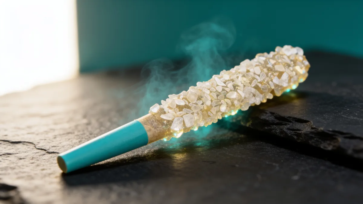 Do infused pre-rolls hit harder: diamond infused pre-roll crusted in THCa crystals on dark slate
