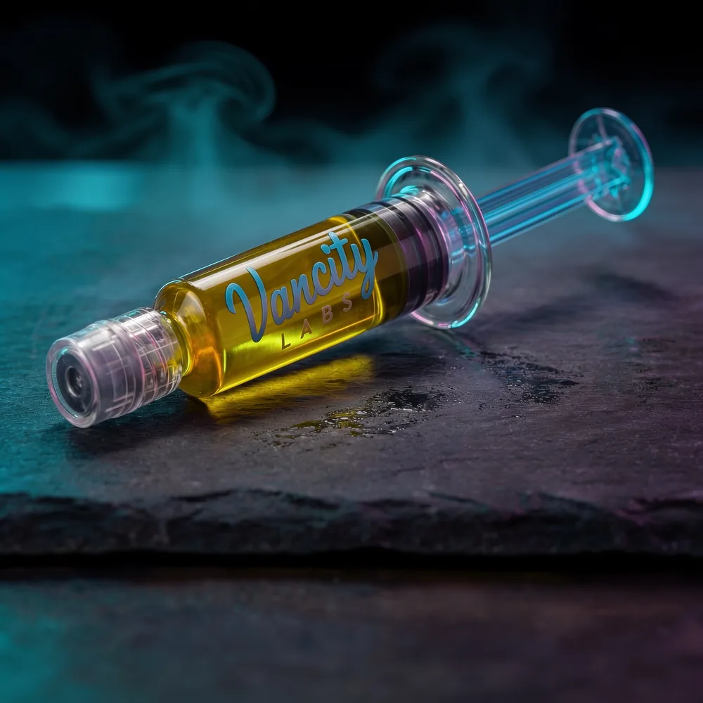 1ml THC distillate syringe on a dark slate surface — live resin vs distillate comparison