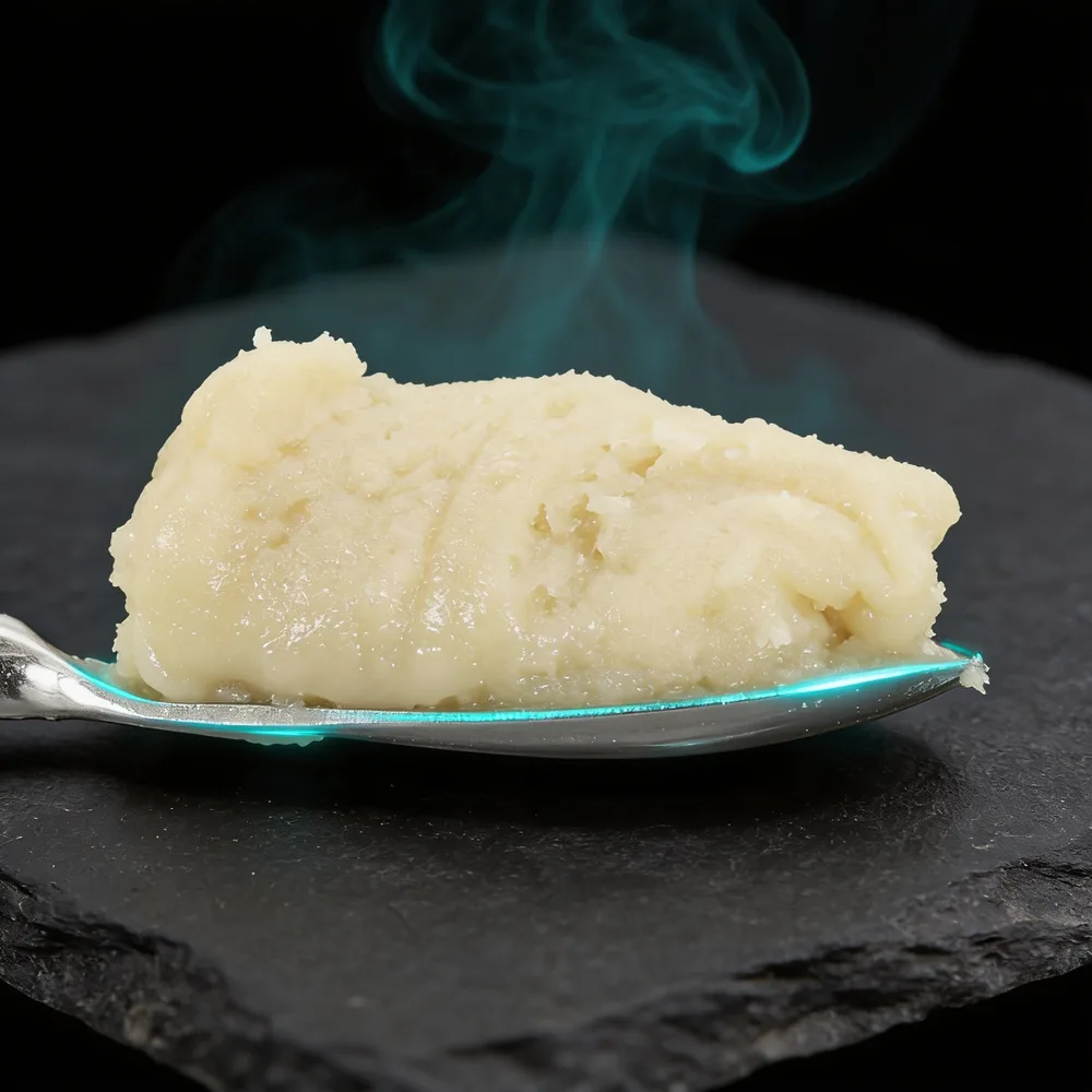 Creamy white live rosin badder on a dab spoon — full melt hash rosin close-up