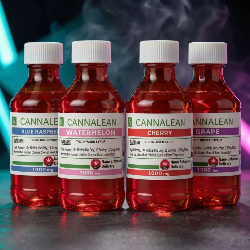 Nano CannaLean THC syrup bottles — nano-emulsified THC drink that kicks in faster than gummies