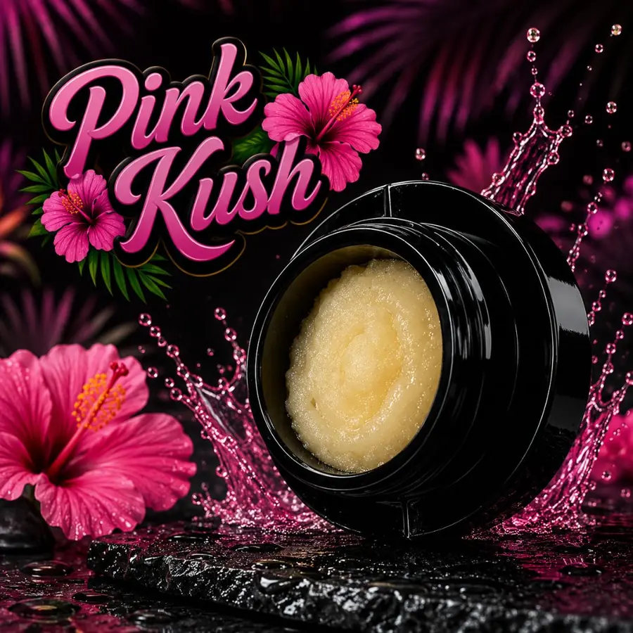 Pink Kush live rosin: creamy pale gold rosin in an open black jar