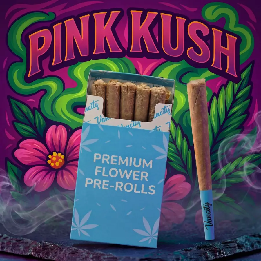 Pink Kush pre-rolls: a 10-pack of 0.7g flower cones with one cone standing beside the box