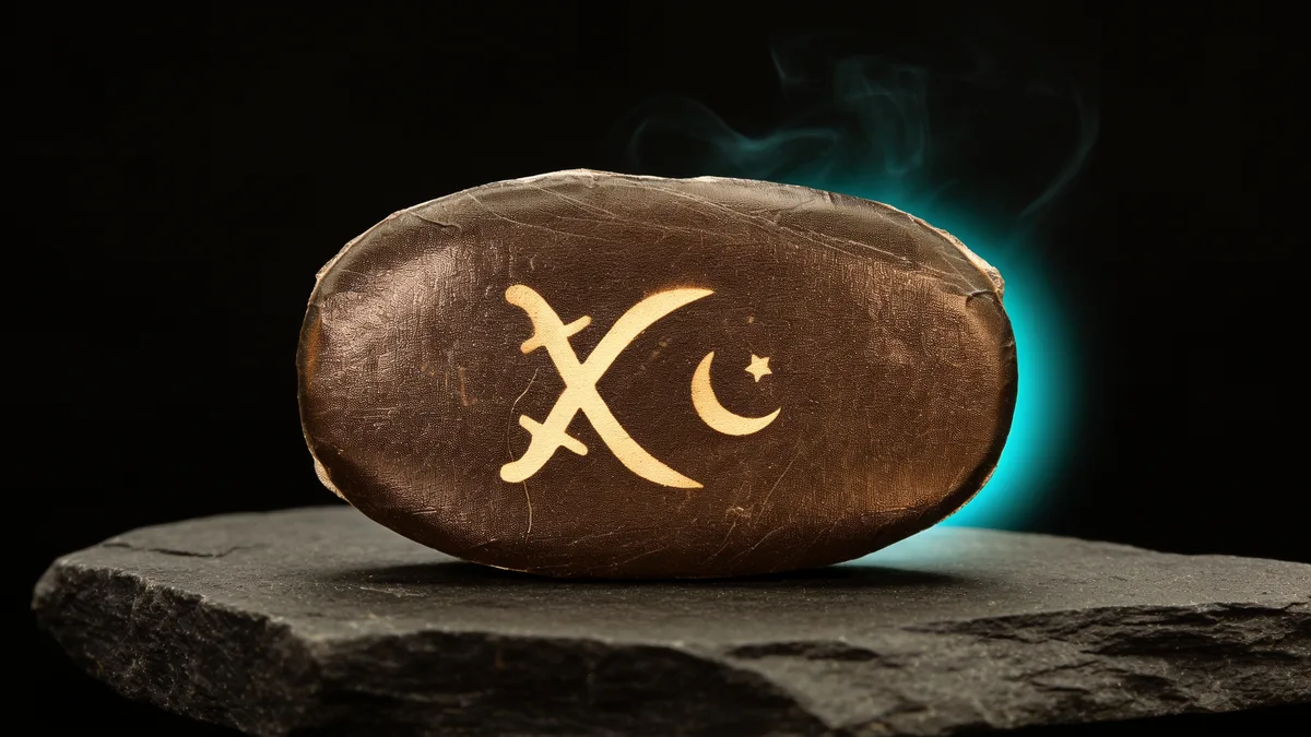 Stamped Afghani Sword pressed hash slab — dark traditional hash brick on slate