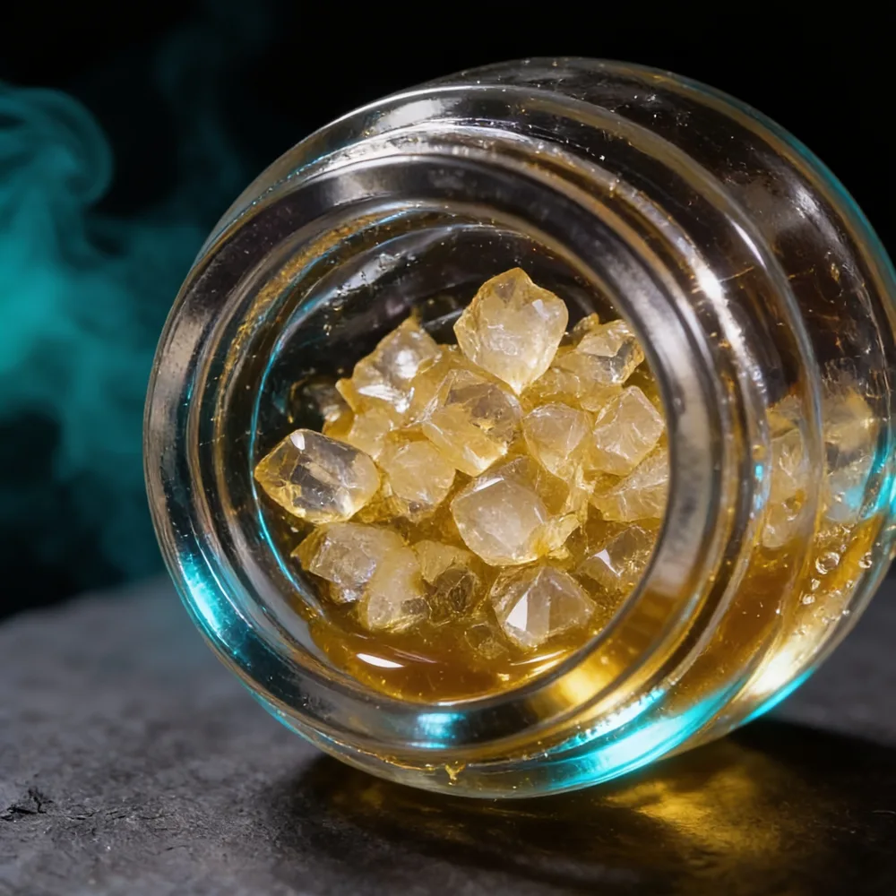 Macro close-up of THCa diamonds in terpene sauce inside an open jar