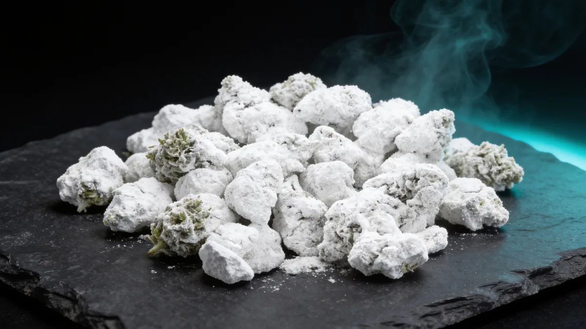 THCa snowballs macro — coated cannabis buds showing the white isolate layer