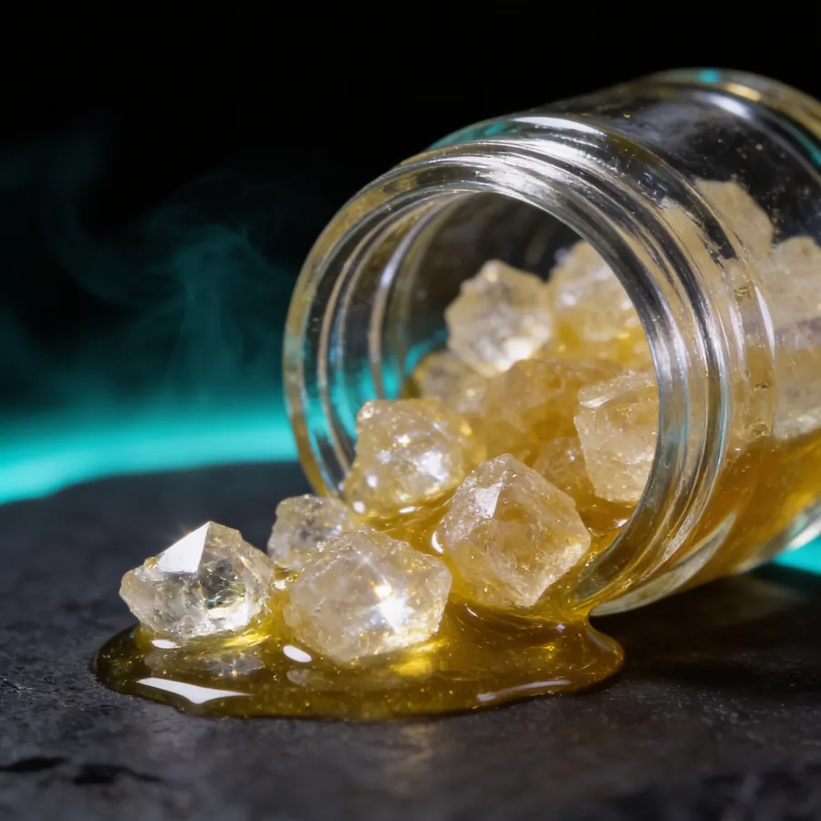THCA diamonds in sauce — golden crystals spilling from a jar in terpene sauce, VanCity Labs